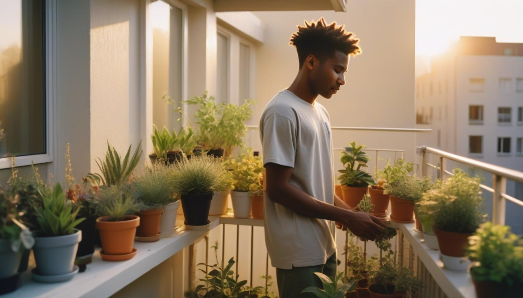 a man standing on a balcony with potted plants