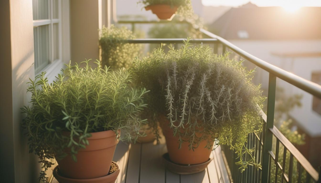 a group of potted plants on a balcony