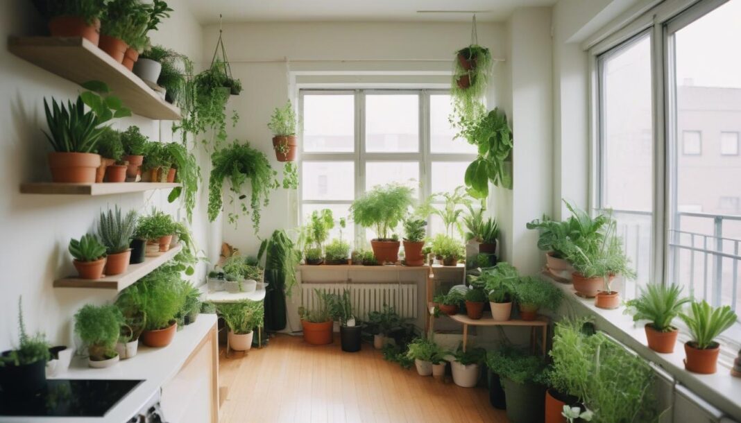Creative indoor gardening ideas for small apartments, featuring space-saving plant arrangements