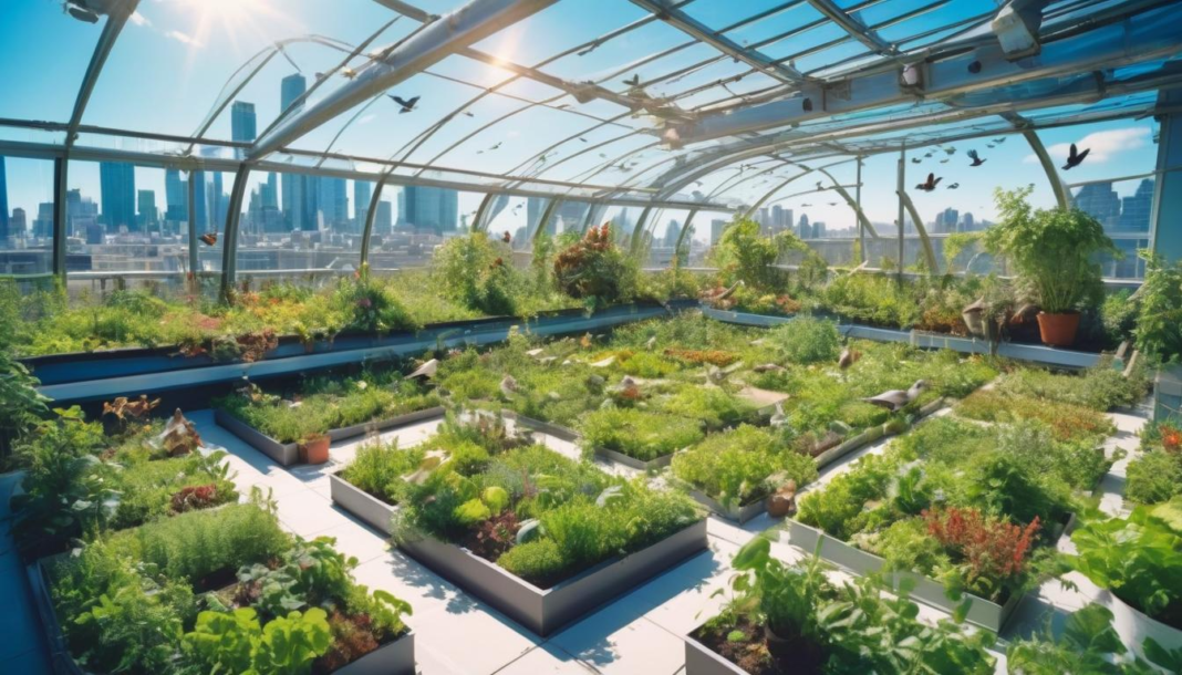 roof garden with birds and vegetables in a futuristic city