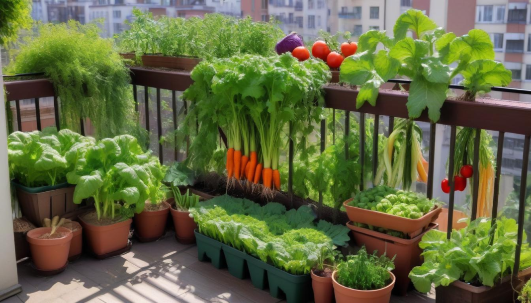A balcony garden filled with plants and vegetables, creating a lush, green space.